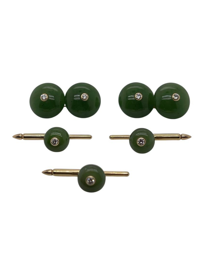 Trianon Jade Diamond Cufflink Stud Set 14k Yellow Gold