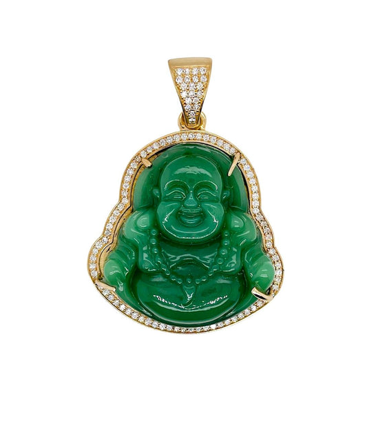 Mens 18K Solid Yellow Gold 1 Ct Natural Diamond Green Jade Buddha Buddhist Pendant 2.17 inches