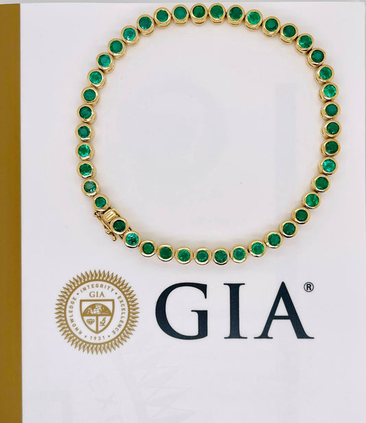 GIA Certified Natural Colombian Emerald 18k Gold Bezel Set Tennis Bracelet