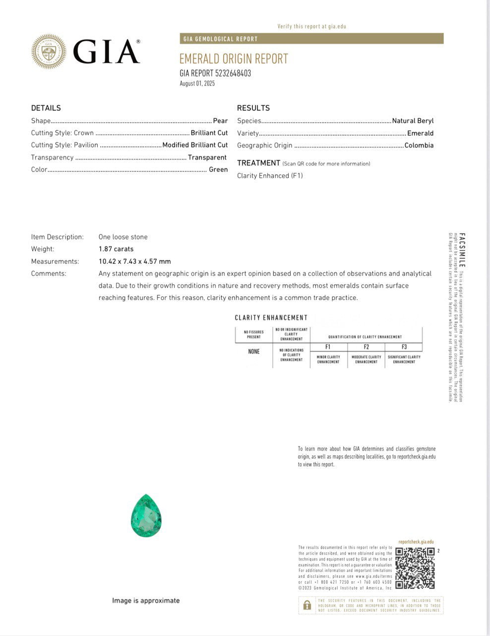 GIA Certified 1.87 Ct Natural Colombian Loose Emerald Pear Shape F1
