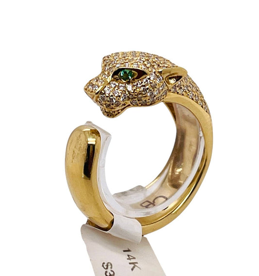 14k Solid Gold 1.5 ct Natural Diamond Panther Leopard Ring Emerald Eyes