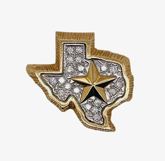 Vintage 14k Solid Two-Tone Gold 0.35 Ct Natural Diamond Texas Map Lone Star State Pendant