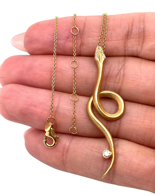 14K Solid Yellow Gold Natural Diamond Snake Pendant Necklace
