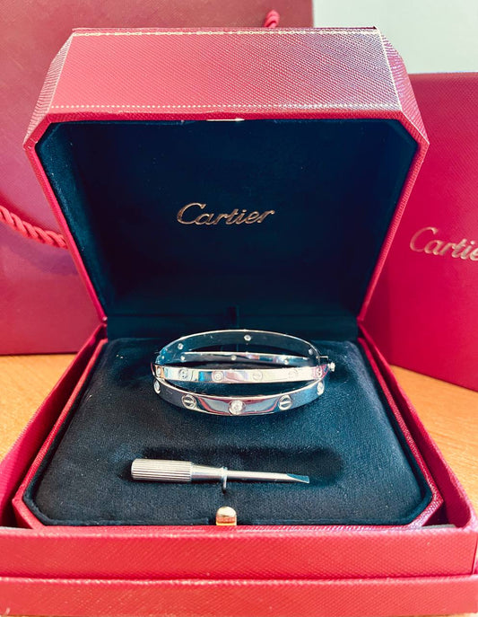 Cartier Double Love Bracelet 12 Diamonds 18k White Gold Size 17