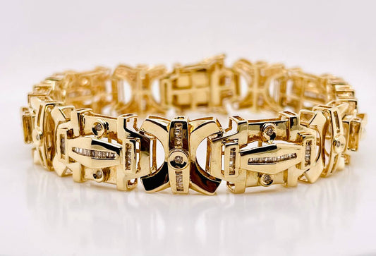 43.9 Gr 14k Gold Natural Baguette Diamond Mens Wide Bracelet 15 MM 9 in