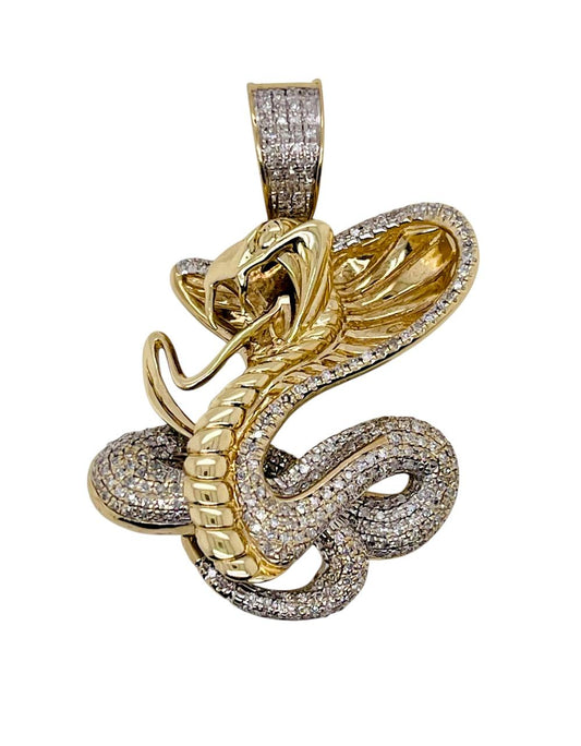 Mens 10K Solid Yellow Gold Natural Diamond Cobra Snake Charm Pendant 1.61 in