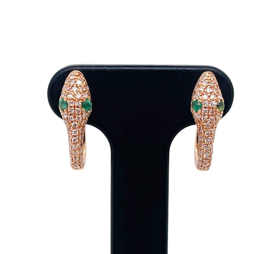 14k Rose Gold Natural Diamond And Emerald Snake Huggie Earrings