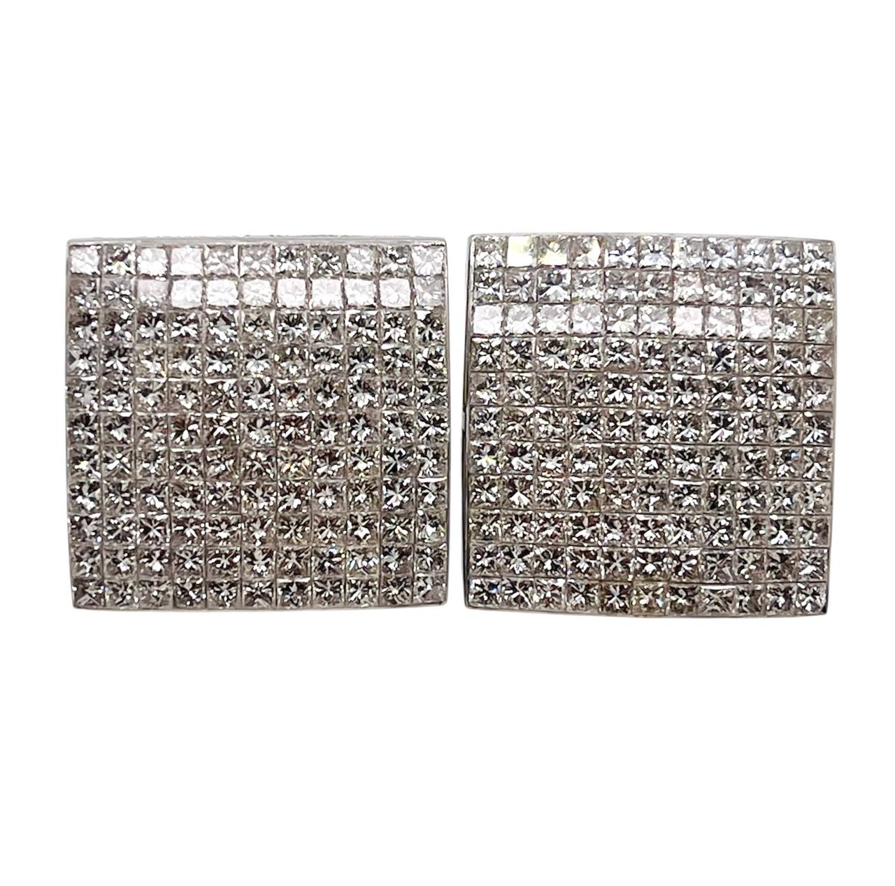 Huge 14 tcw Natural Princess Cut Diamond Cushion Hip-Hop Earrings 14k White Gold