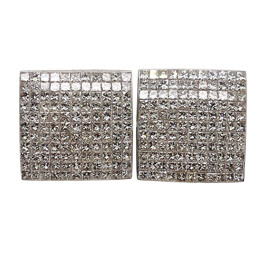 Huge 14 tcw Natural Princess Cut Diamond Cushion Hip-Hop Earrings 14k White Gold