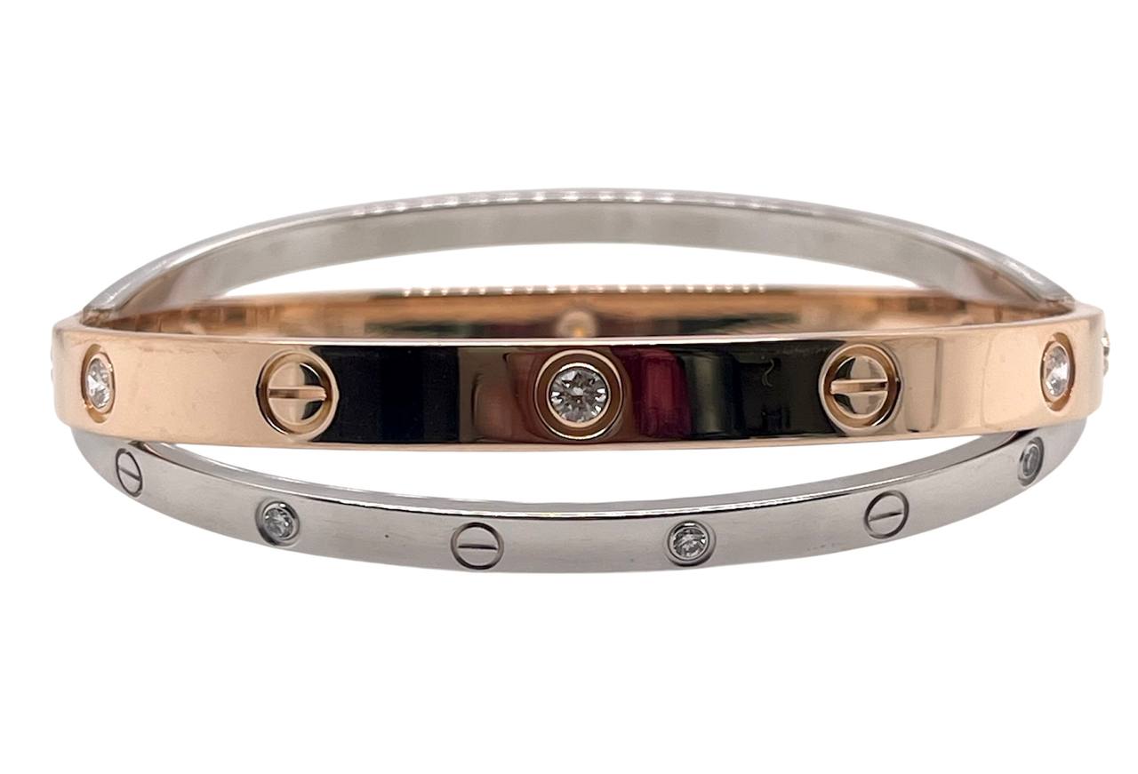 Cartier Double Love Bracelet 12 Diamonds 18k Rose White Gold Size 17