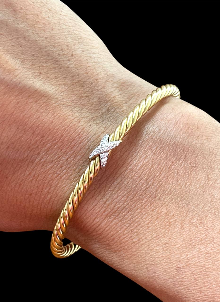 18K Solid Yellow Gold Natural Diamond Twisted Cable X Cuff Bangle Bracelet