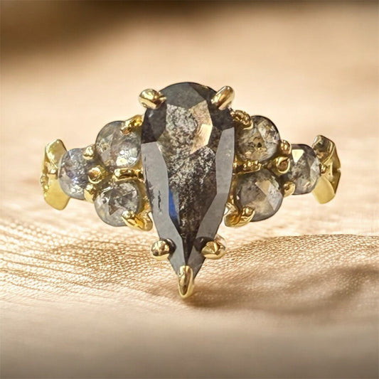 Nico Ring Salt & Pepper Rose Cut Pear Diamond 18k Yellow Gold