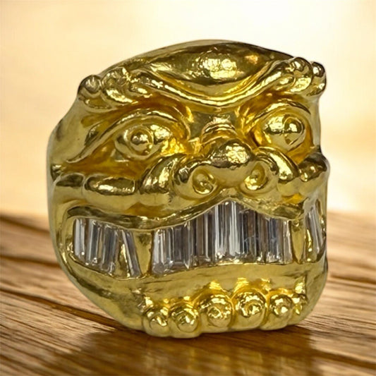 22k Solid Yellow Gold Natural Baguette Diamond Foo Dog Chinese Loin Mens Ring