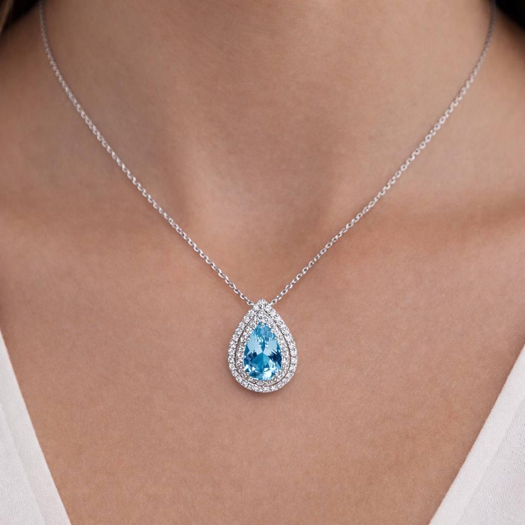 Authentic Tiffany and Co. Soleste Pendant Necklace 950 Platinum Pear Aquamarine & Diamond Double Halo