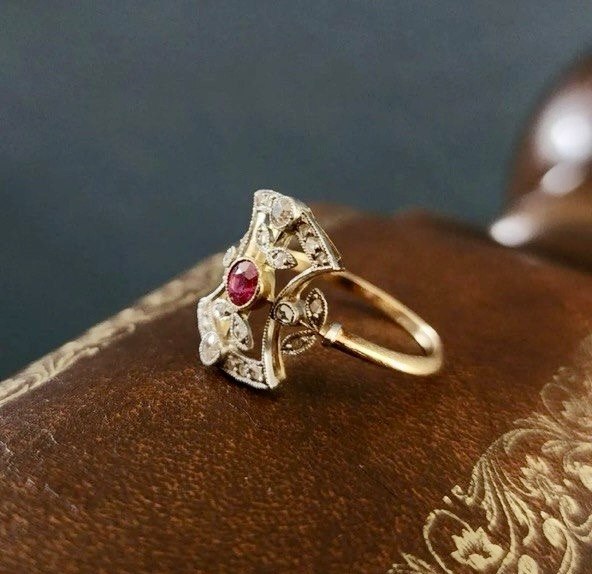 Antique Victorian Ruby & Diamond Ring in 18K Gold and Platinum, French Hallmarked Circa 1880