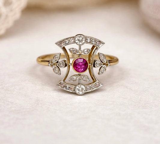 Antique Victorian Ruby & Diamond Ring in 18K Gold and Platinum, French Hallmarked Circa 1880