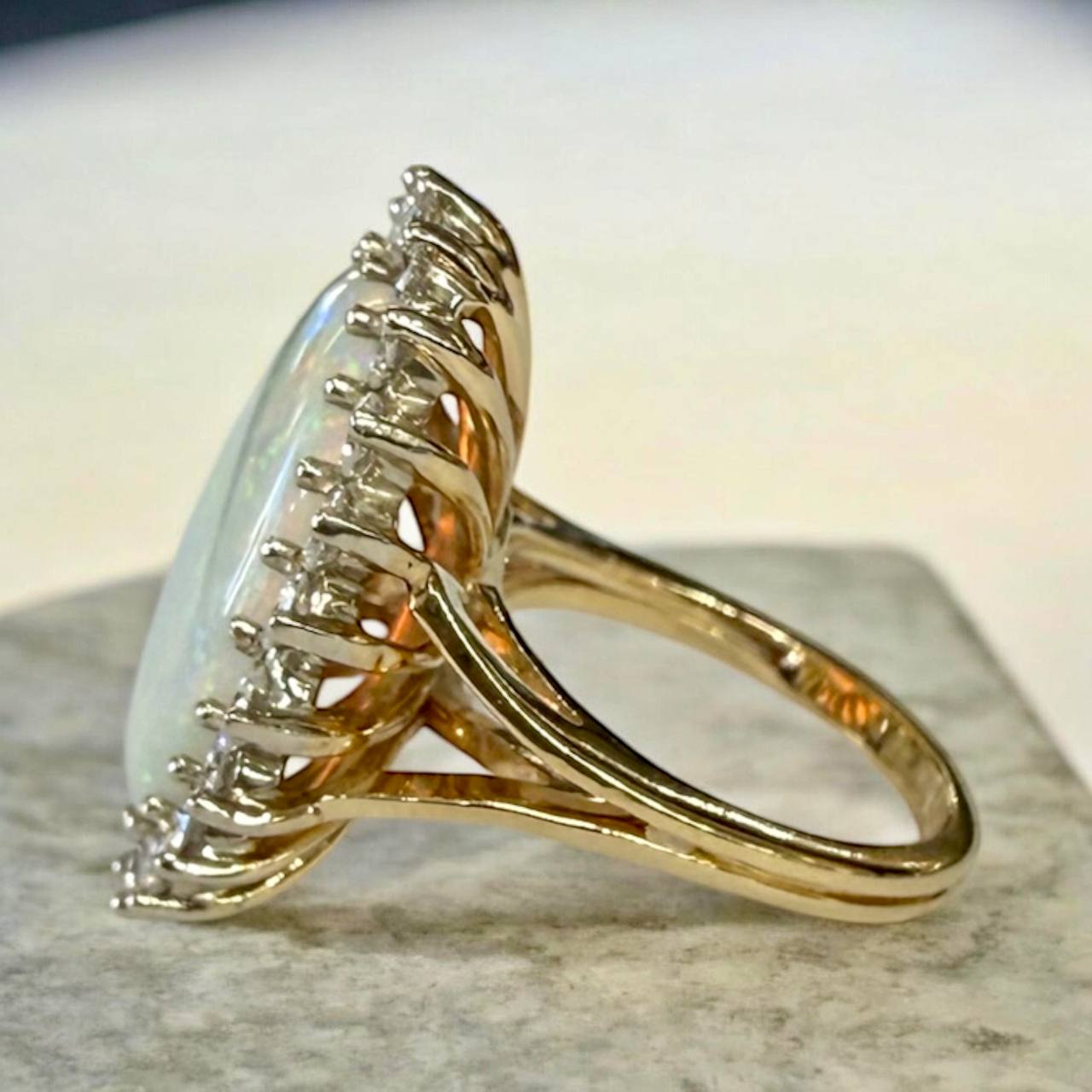 Natural Opal Diamond Halo Ring 14K Gold 1.32 CTW VS2 G-H Diamonds 19×14 mm Opal Size 6