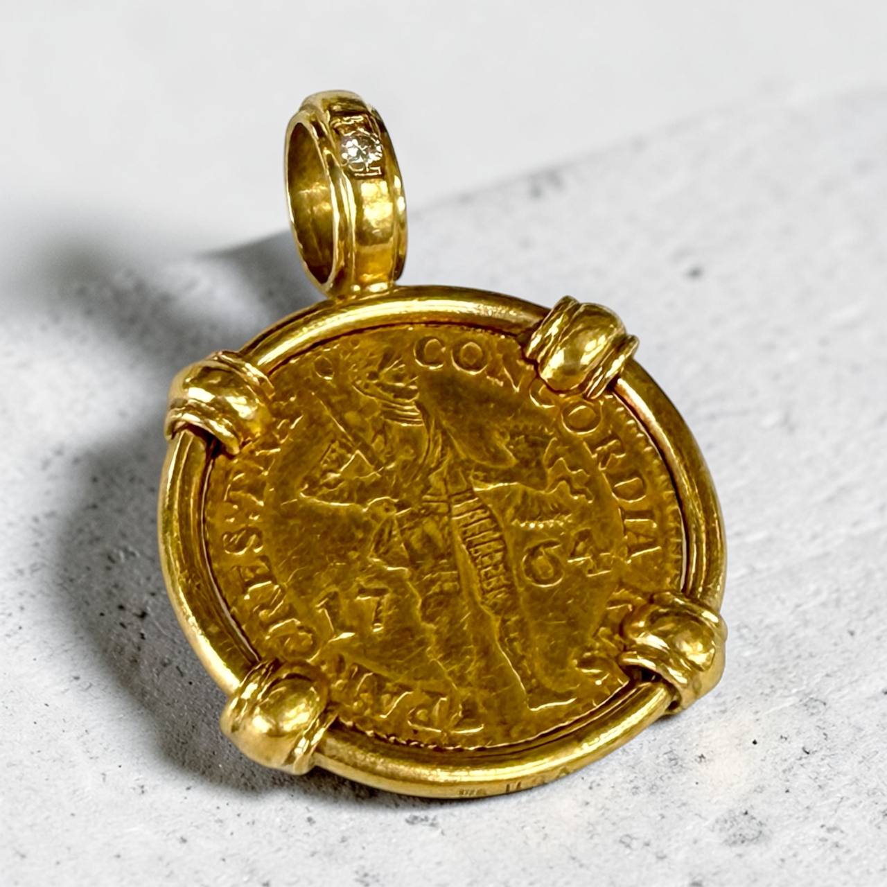 1764 Dutch Gold Ducat Pendant in 18K Gold Bezel with Natural Diamond Bail