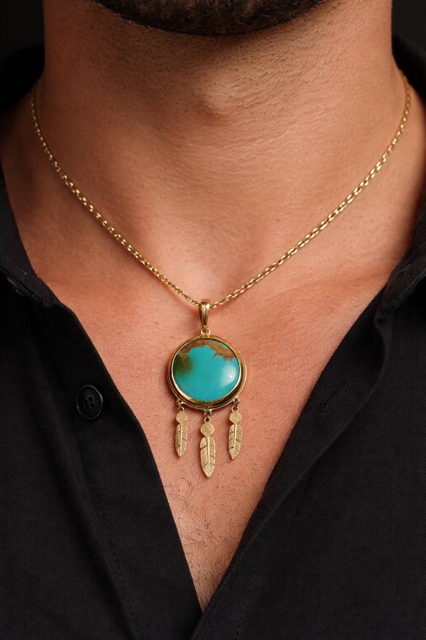 Handmade Vintage 14K Yellow Gold Turquoise Pendant Feather Dangles Bezel Set