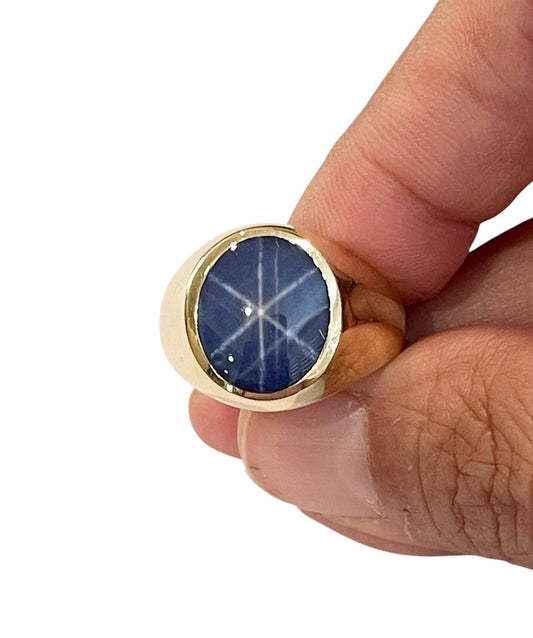 14K Gold Star Sapphire Ring – Blue Cabochon Signet Ring