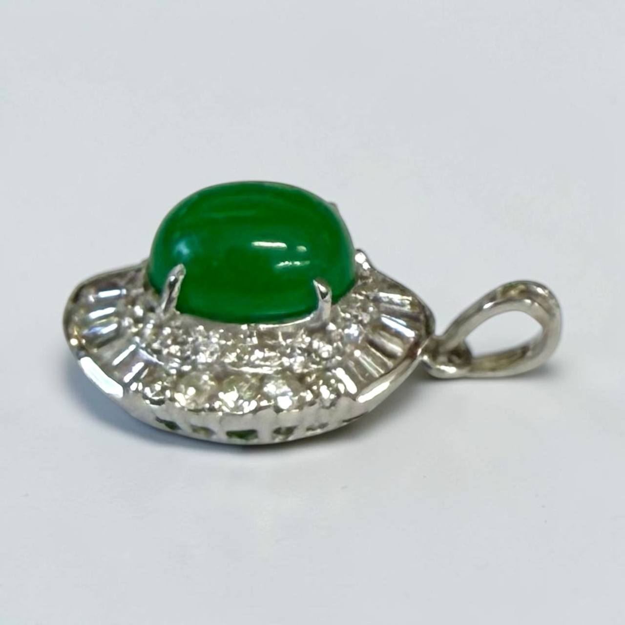 18K White Gold Green Jadeite Diamond Halo Pendant, Vintage Oval Cabochon Fine Jewelry