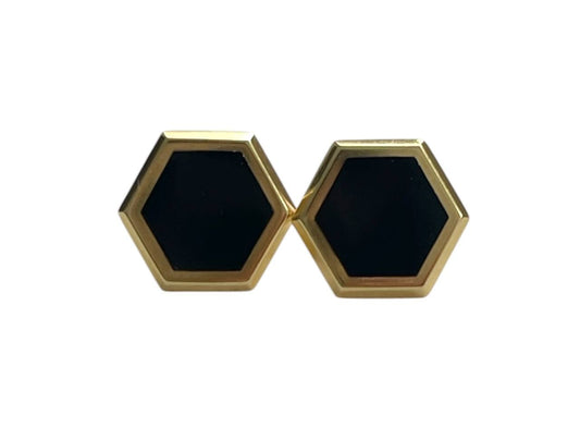 18K Solid Yellow Gold Onyx Hexagon Stud Earrings 10mm | Briks Designer | Black Onyx Geometric Studs | Luxury Gold Earrings Gift
