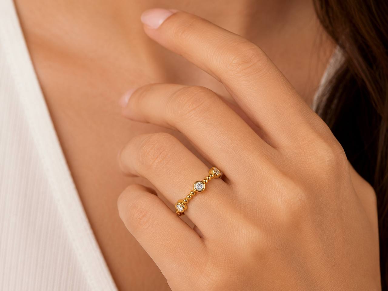 Natalie K 18K Yellow Gold Diamond Beaded Ring Size 5.75 Designer Stack Ring