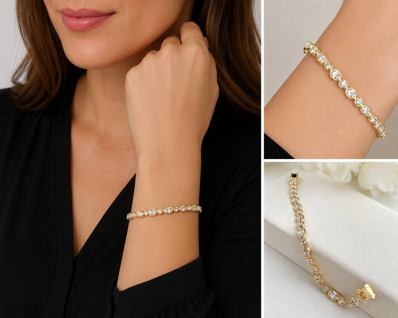 18K Yellow Gold Natural Oval & Round Diamond Tennis Bracelet 8.63 CTW