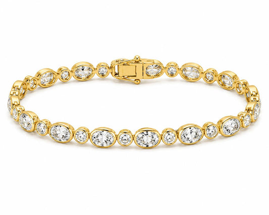 18K Yellow Gold Natural Oval & Round Diamond Tennis Bracelet 8.63 CTW