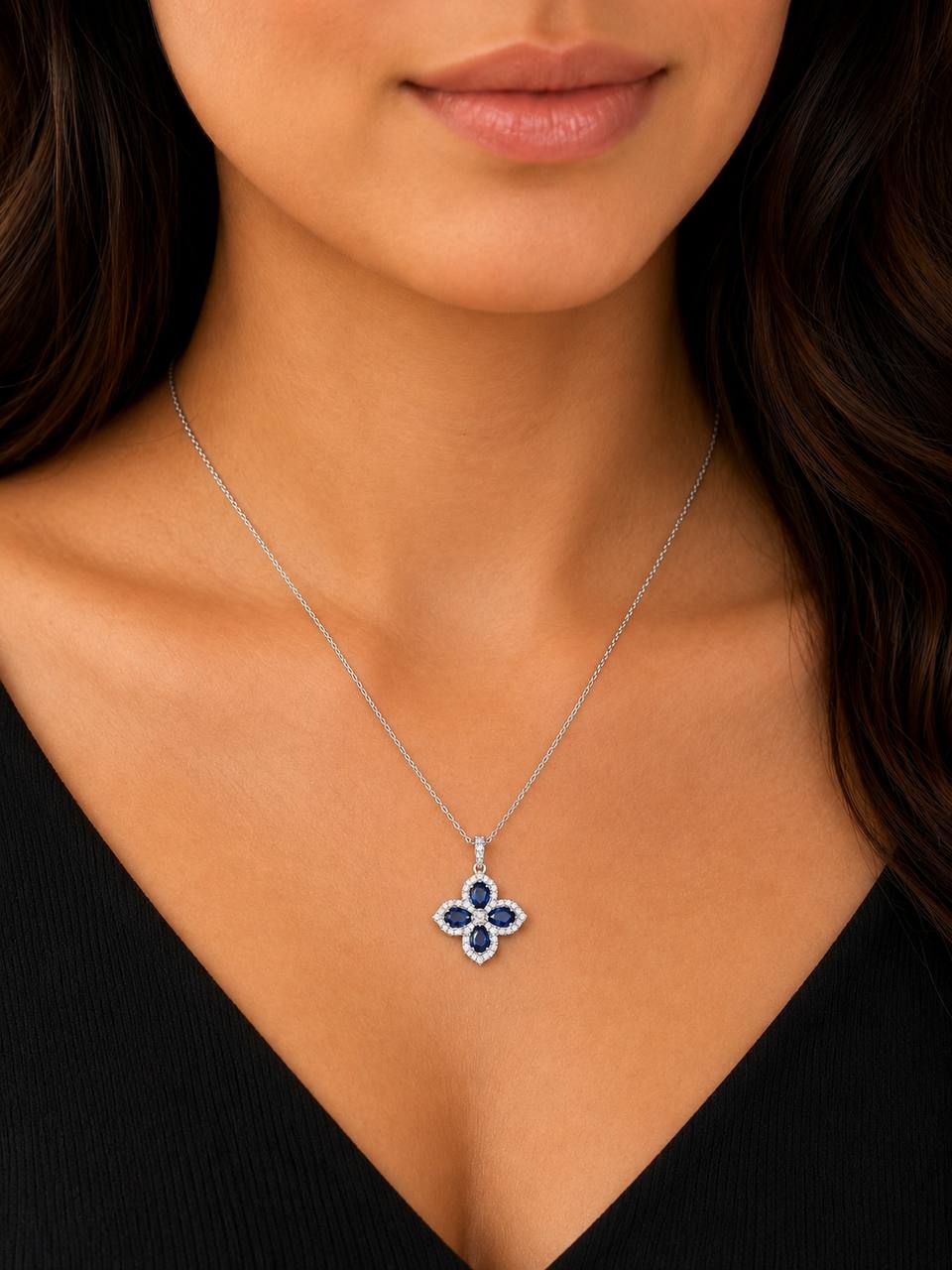 18K White Gold Natural Sapphire & Diamond Quatrefoil Pendant Necklace 1.83 CTW