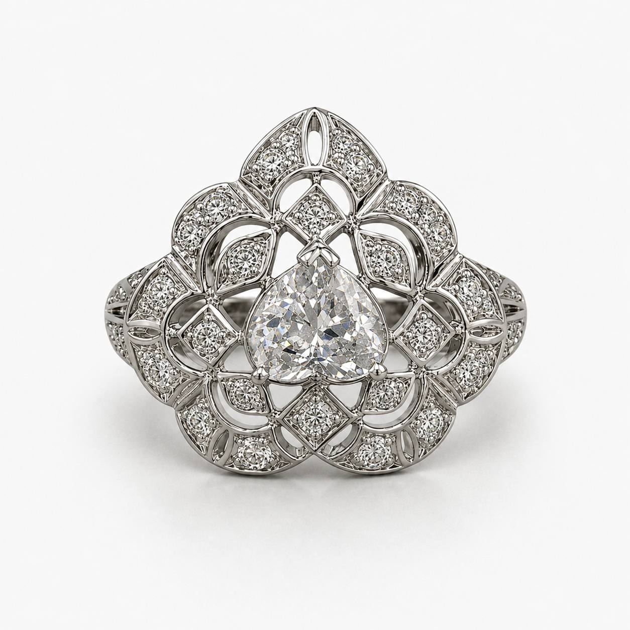 18K White Gold Vintage Heart Diamond Ring 0.65 CTW Art Deco Size 6.5