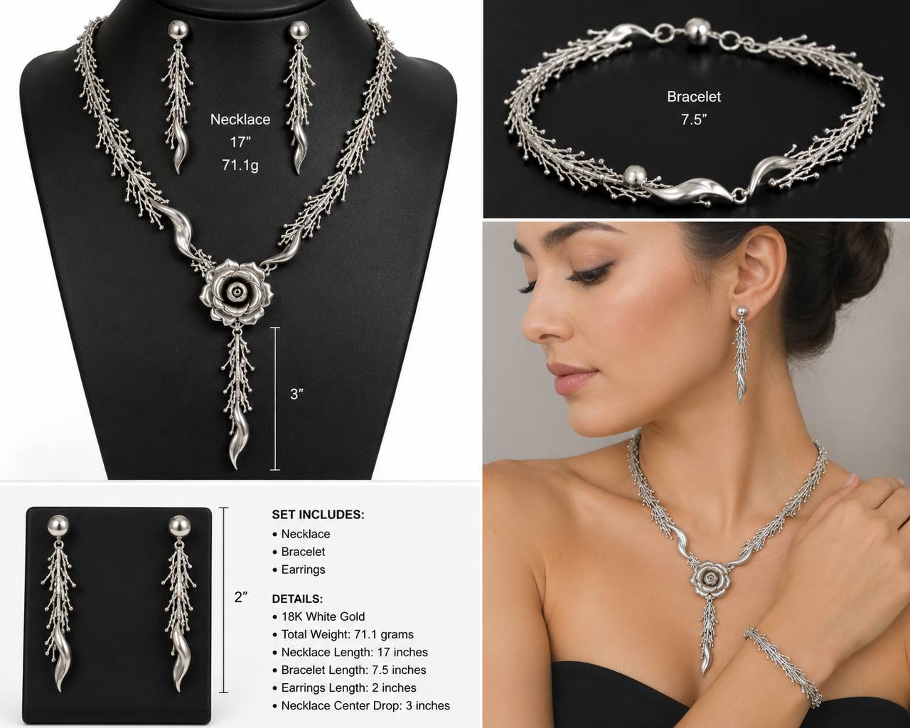 18K White Gold Floral Jewelry Set Necklace Bracelet Earrings 71.1g Estate
