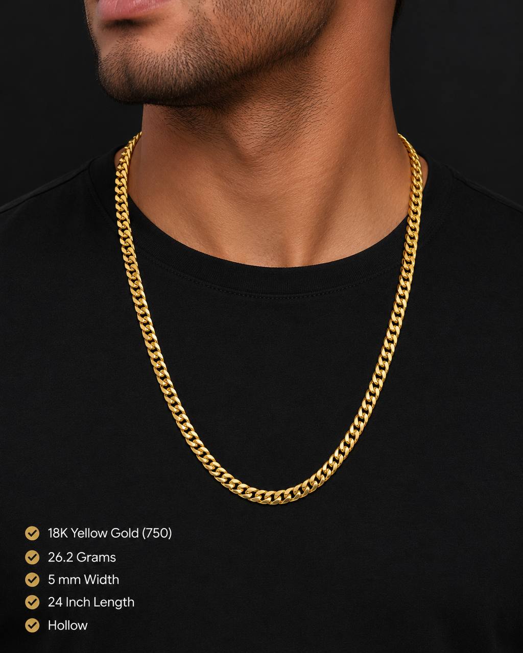 Mens 18K Yellow Gold Miami Cuban Curb Link Chain Necklace 24 in 5mm 26.2 Grams