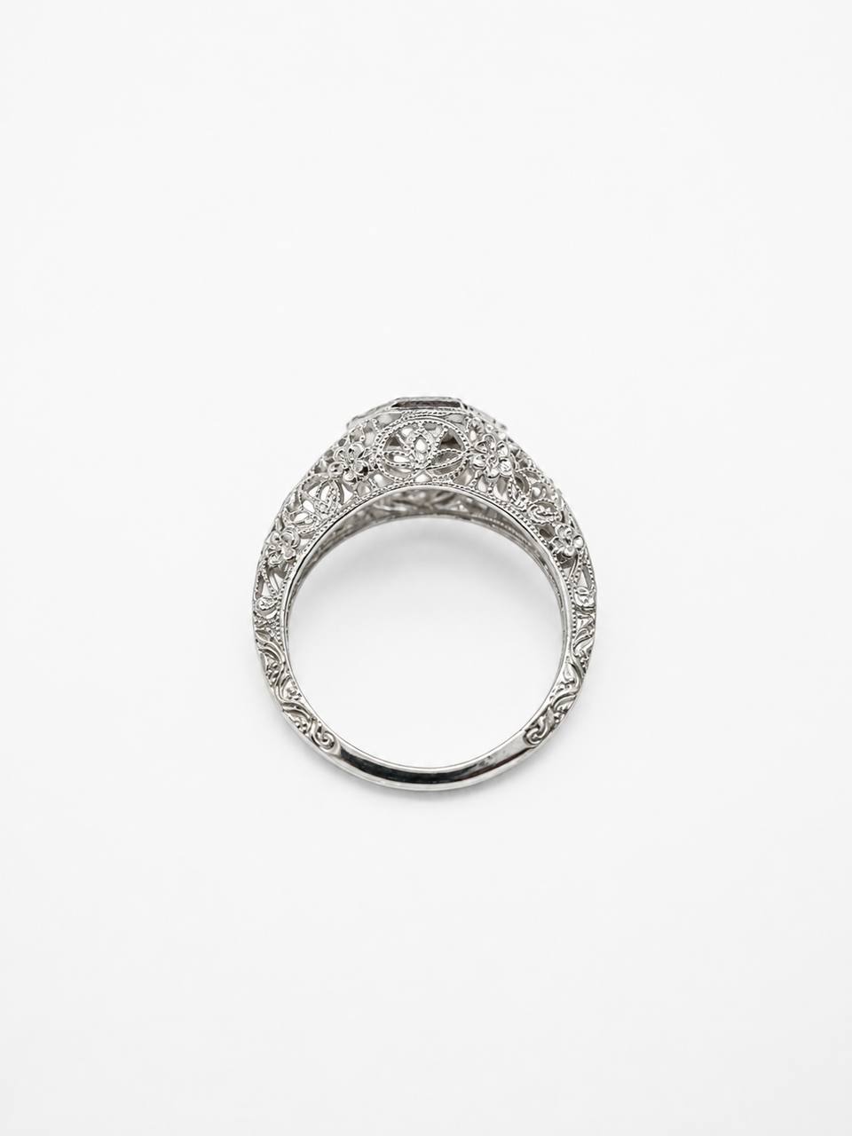 Vintage Art Deco 18K White Gold Old Cut Natural Diamond Filigree Ring Size 5