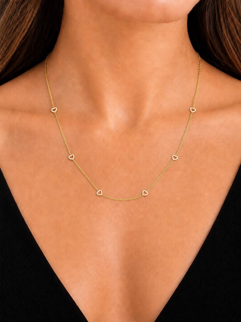 18k Yellow Gold Natural Diamond Heart Station Necklace 0.50 CTW VS2 G-H, 18 in