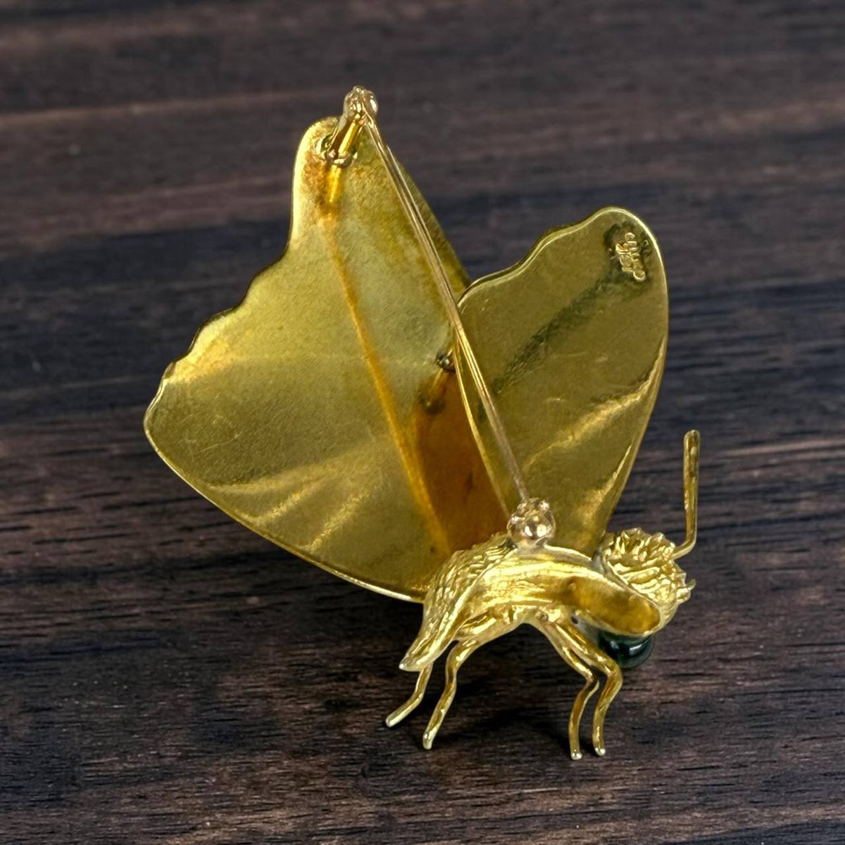 CELLINO 18K Yellow Gold Butterfly Brooch, 3D Textured Wings, Black Cabochon Eyes