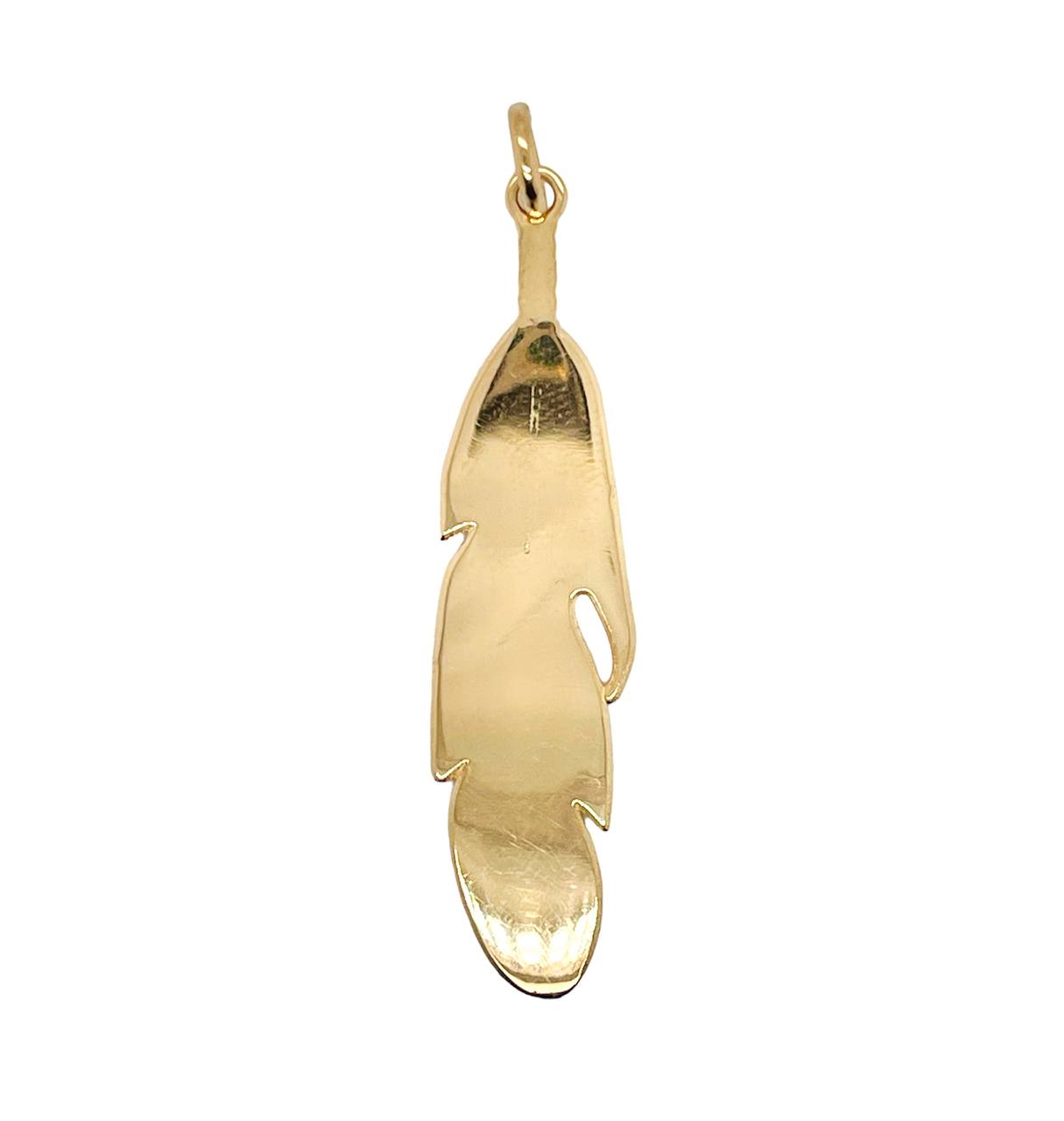 14K Solid Yellow Gold Feather Charm Pendant 1.81 in