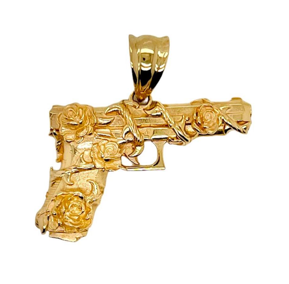 Custom made Mens 14K Solid Yellow Gold Hand Gun and Roses Pistol Pendant 9.4 Gr