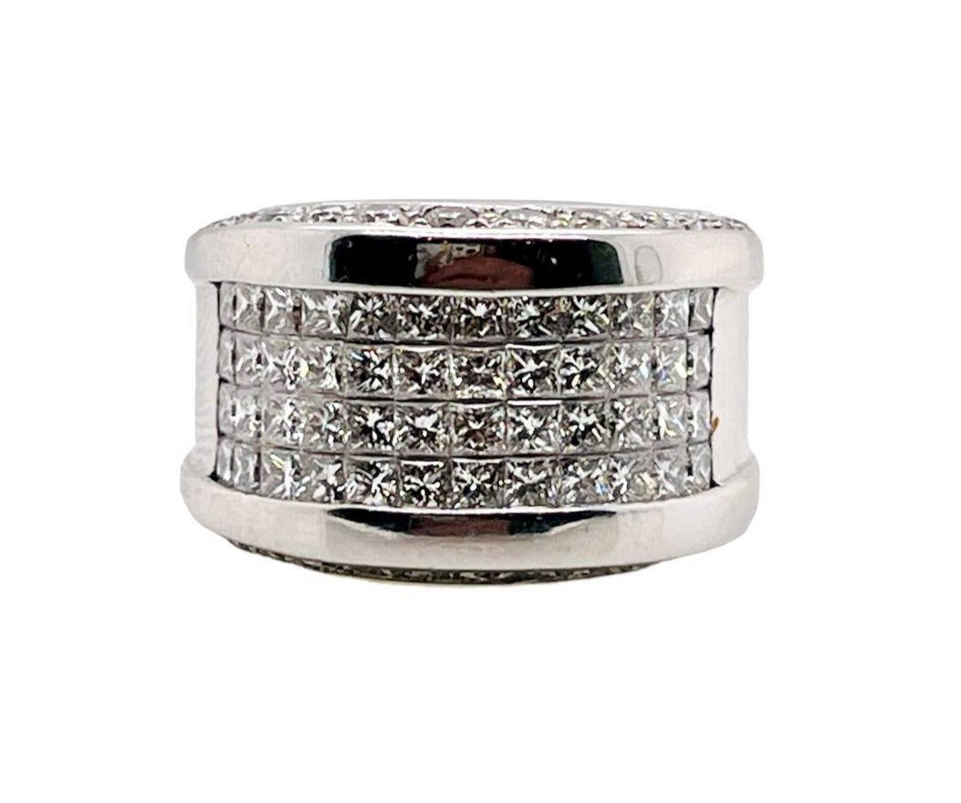 18K White Gold Natural Princess Cut Diamond Wide Cigar Band Ring