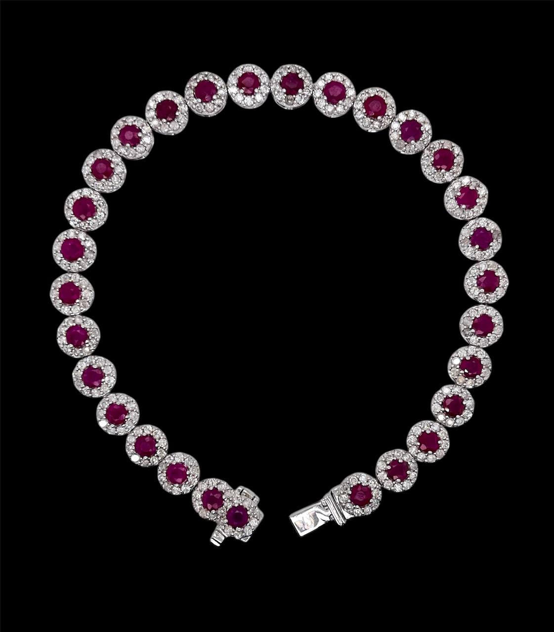 14K White Gold Natural Diamond and Ruby Cluster Tennis Bracelet 14.6 Grams 7.5"