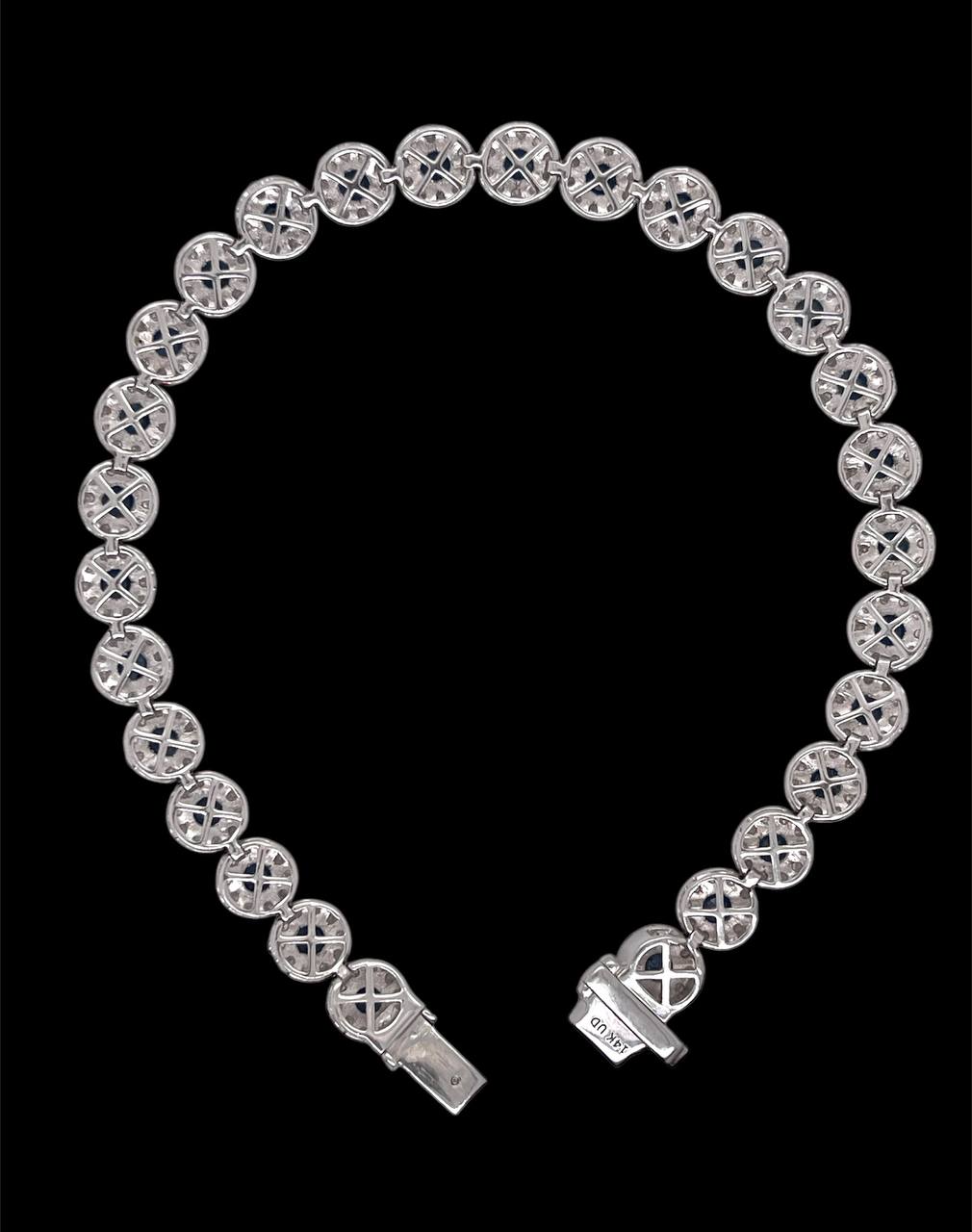 14K White Gold Natural Diamond and Sapphire Cluster Tennis Bracelet 7.5"