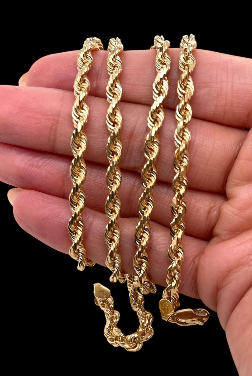 Mens 14K Solid Yellow Gold Diamond Cut Rope Chain Necklace 30 in 4MM, 49.9 Grams