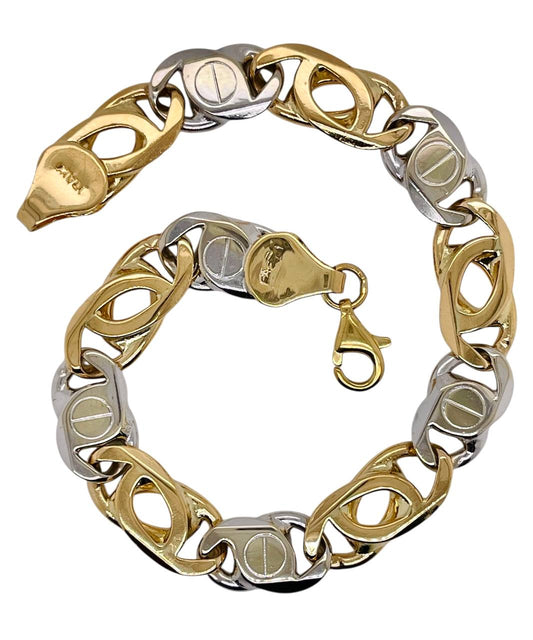 Italian Made 18K Solid Two Tone Gold Men's Anchor Mariner Chain Bracelet 8.25"