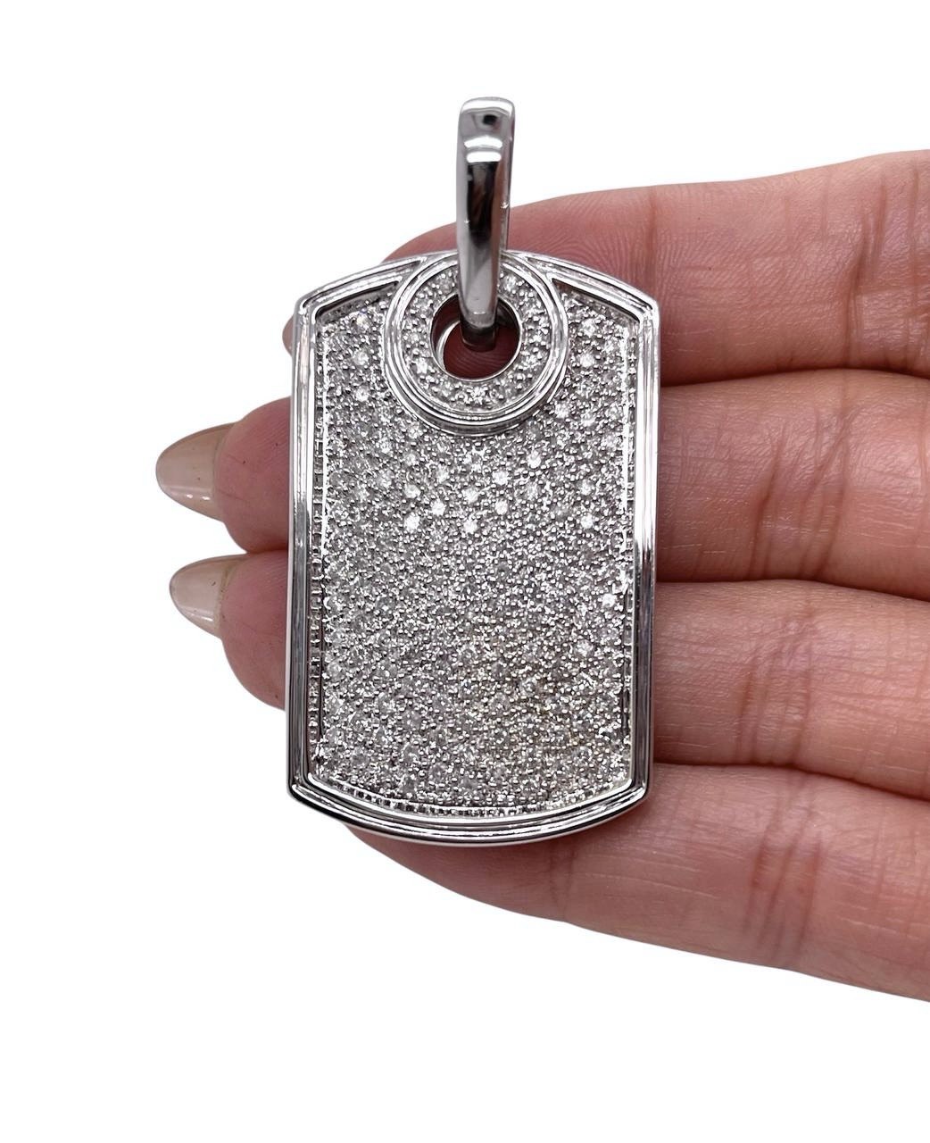 Mens 14K Solid White Gold 3 Ct Natural Diamond Dog Tag Charm Pendant 1.81 in