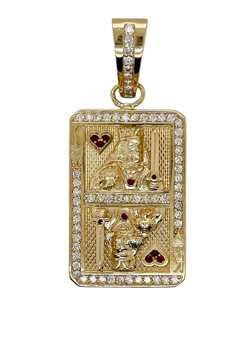 14K Solid Yellow Gold 1.58 Ct Diamond & Ruby King of Heart Playing Card Pendant