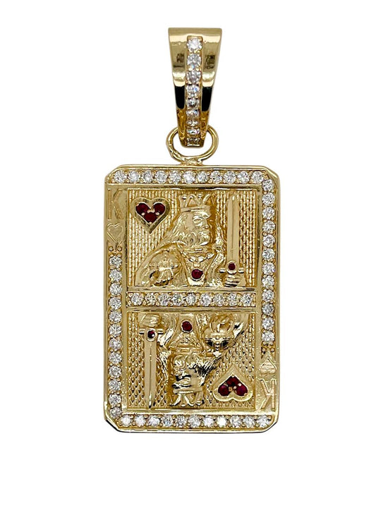 14K Solid Yellow Gold 1.58 Ct Diamond & Ruby King of Heart Playing Card Pendant