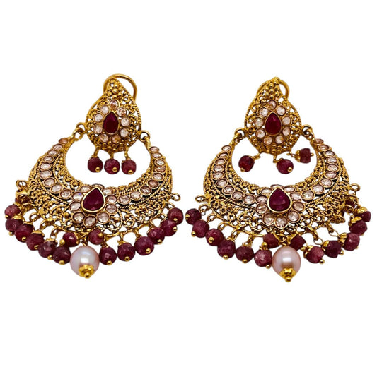 22K Yellow Gold Indian Ethnic Style Drop Dangle Earrings Natural Ruby And White Sapphire 25.8 Grams