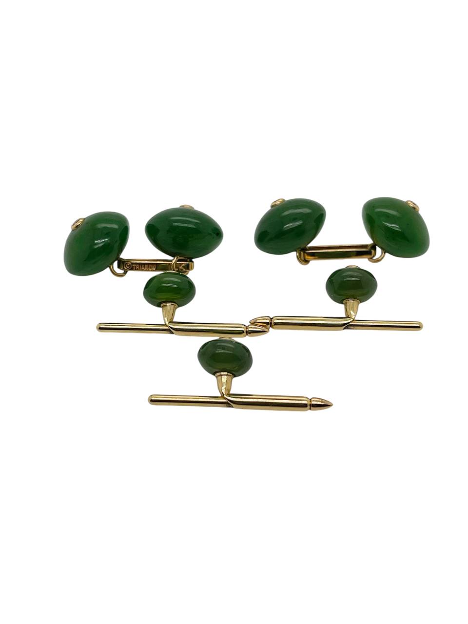 Trianon Jade Diamond Cufflink Stud Set 14k Yellow Gold