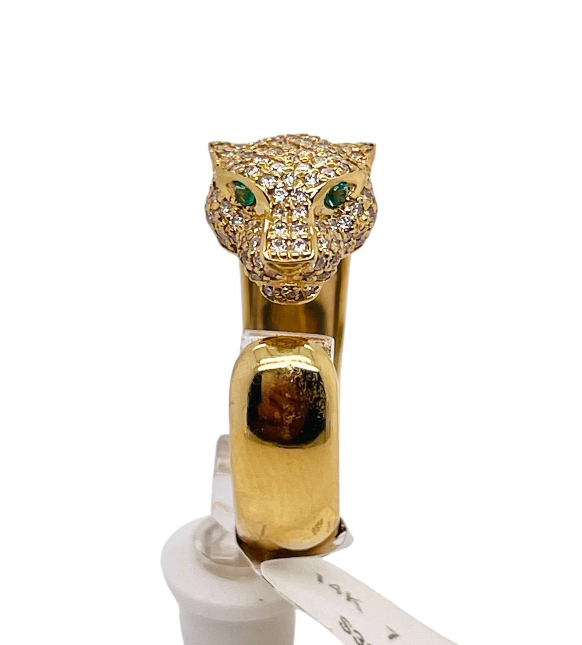 14k Solid Gold 1.5 ct Natural Diamond Panther Leopard Ring Emerald Eyes