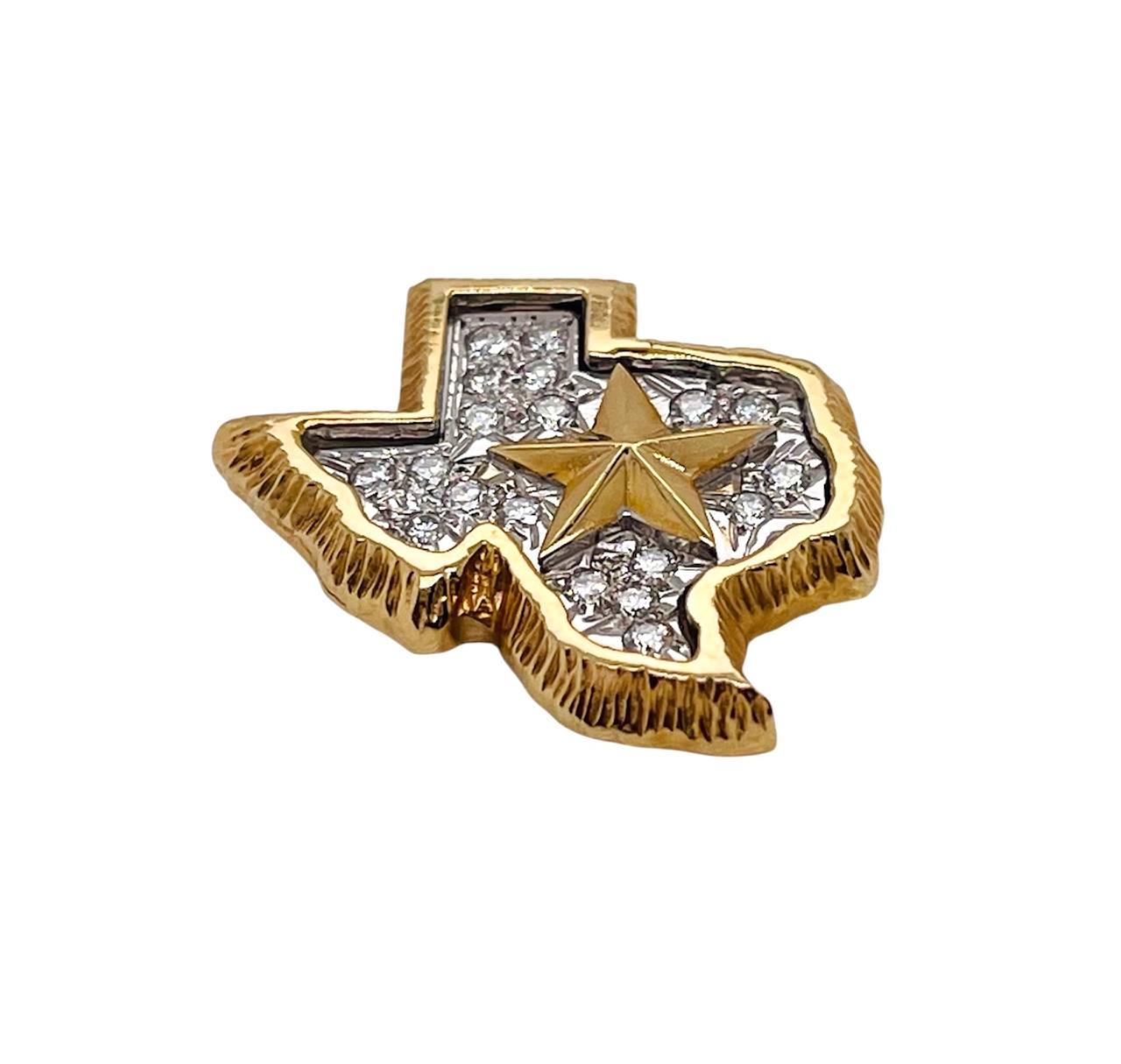 Vintage 14k Solid Two-Tone Gold 0.35 Ct Natural Diamond Texas Map Lone Star State Pendant